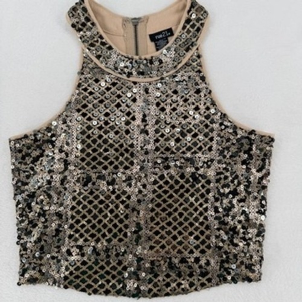 Rue21 Sequin Embellished Crop Top Gold Black‎ Party Tank M